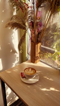 Warm afternoon sunlight illuminates a cafe table with a beautifully crafted latte, inviting relaxation.