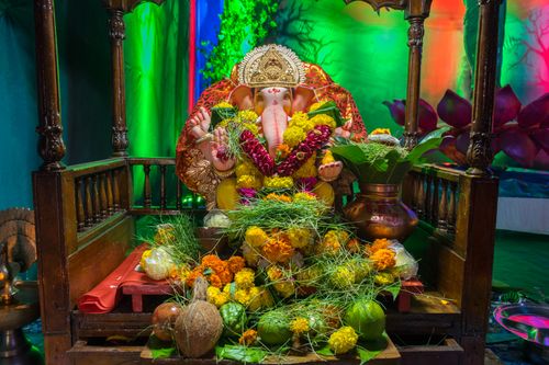 Free Colorful Ganesh idol adorned with flowers during Chaturthi festival in Mumbai. Stock Photo