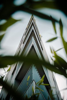 从低视角看，由绿叶构成的现代建筑展现了尖锐的设计