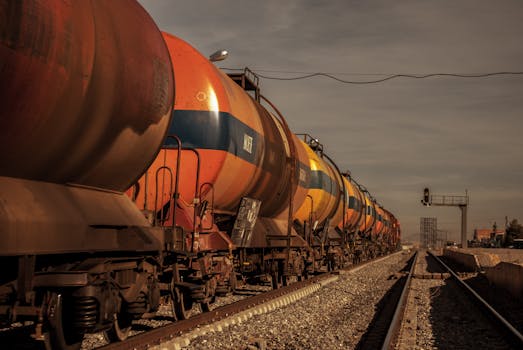 A long freight train with colorful tank cars on a railway track under a bright sky.