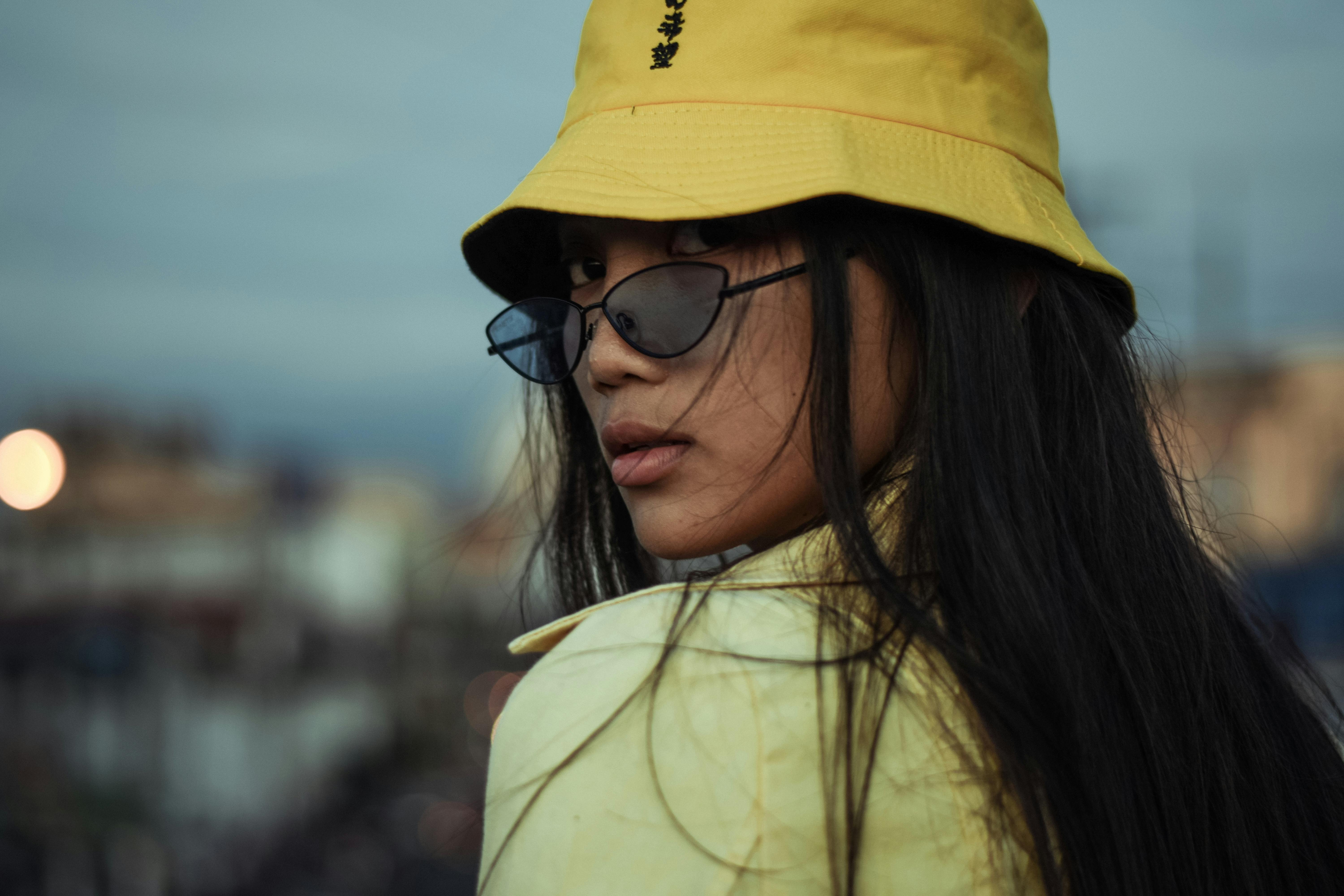 Download Woman Wears Yellow Bucket Hat Free Stock Photo PSD Mockup Templates