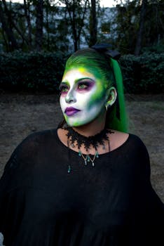 Gothic woman with vibrant makeup and green hair in a dark outdoor scene.