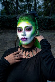 A striking portrait of a woman with vibrant fantasy makeup in an outdoor setting.