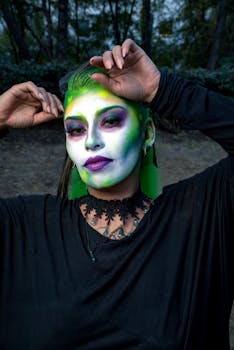 Vibrant outdoor portrait featuring creative green and white makeup with gothic accessories.