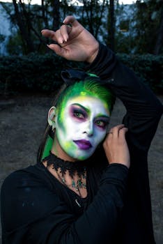 Striking outdoor portrait of a woman with bold green makeup and artistic expression.