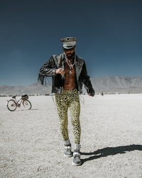一个穿着豹纹裤子和皮夹克的男人，在沙漠景观中显得十分时尚