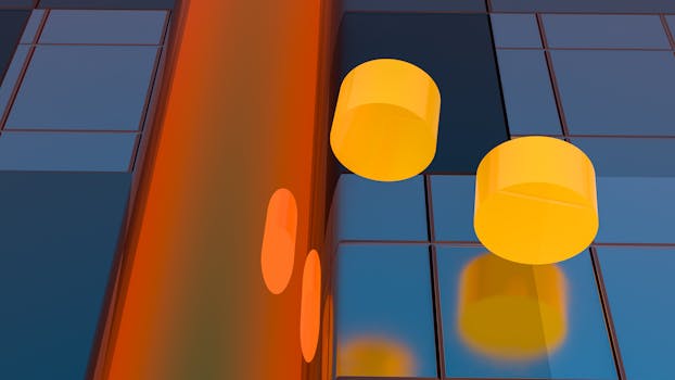 Vibrant abstract composition featuring yellow cylinders and geometric reflections on colorful background.