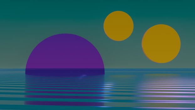 A surreal digital abstract scene featuring geometric shapes and reflective water.