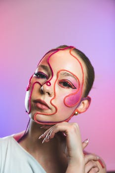 Stunning artistic makeup portrait of a young woman with abstract patterns.