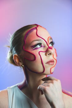 Unique abstract makeup art on a young woman in a studio setting.