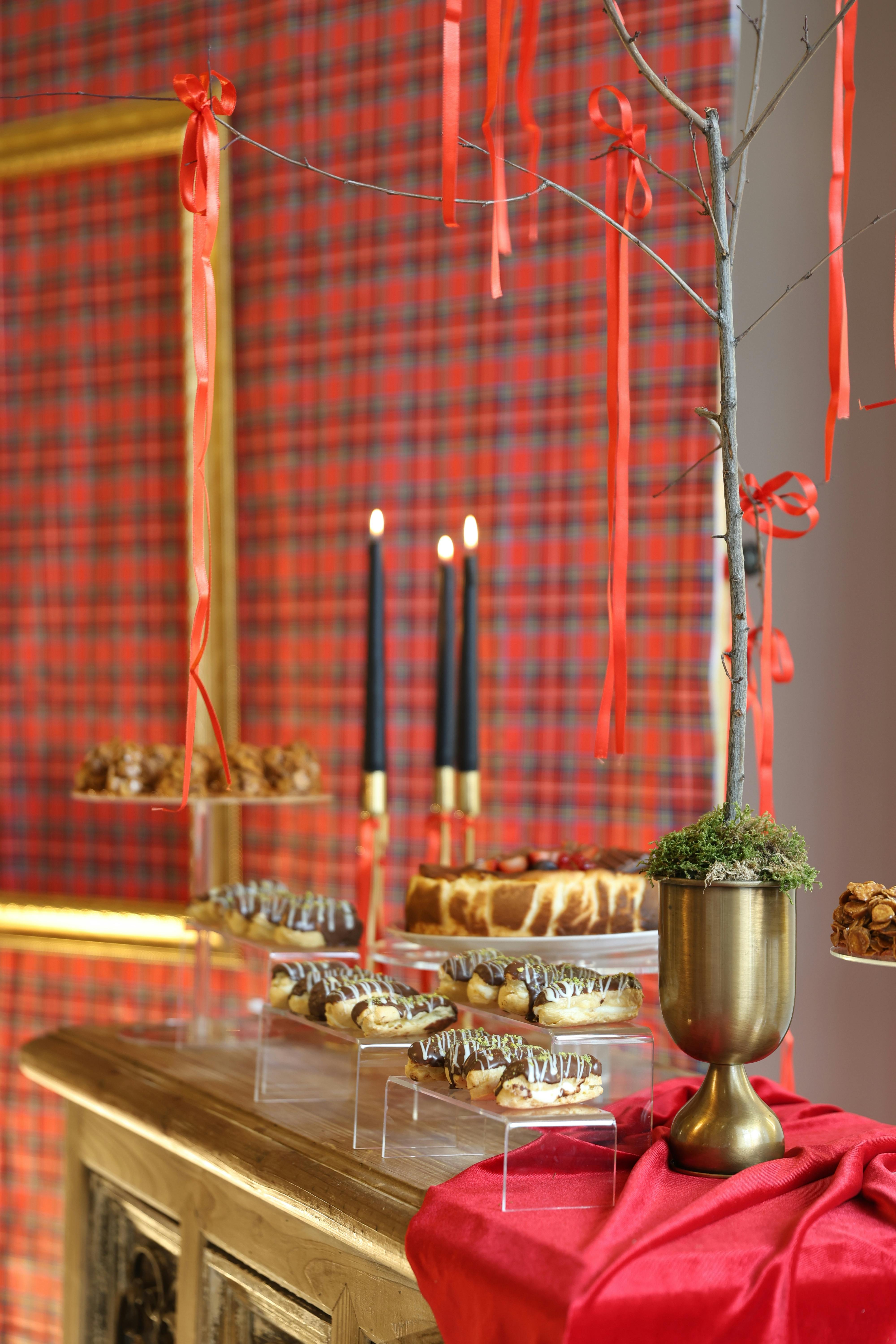 festive dessert table with tartan background