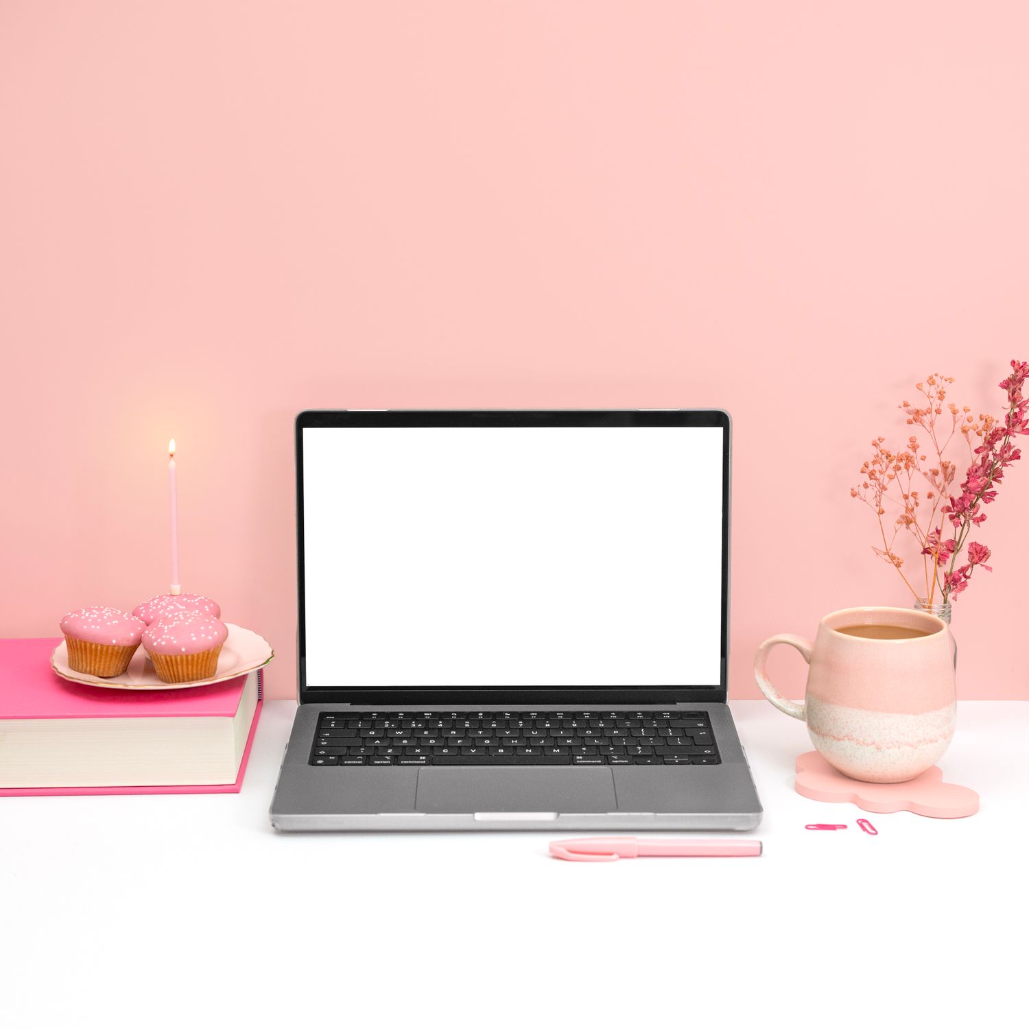 Stylish Pink Aesthetic Workspace with Laptop Mockup · Free Stock Photo