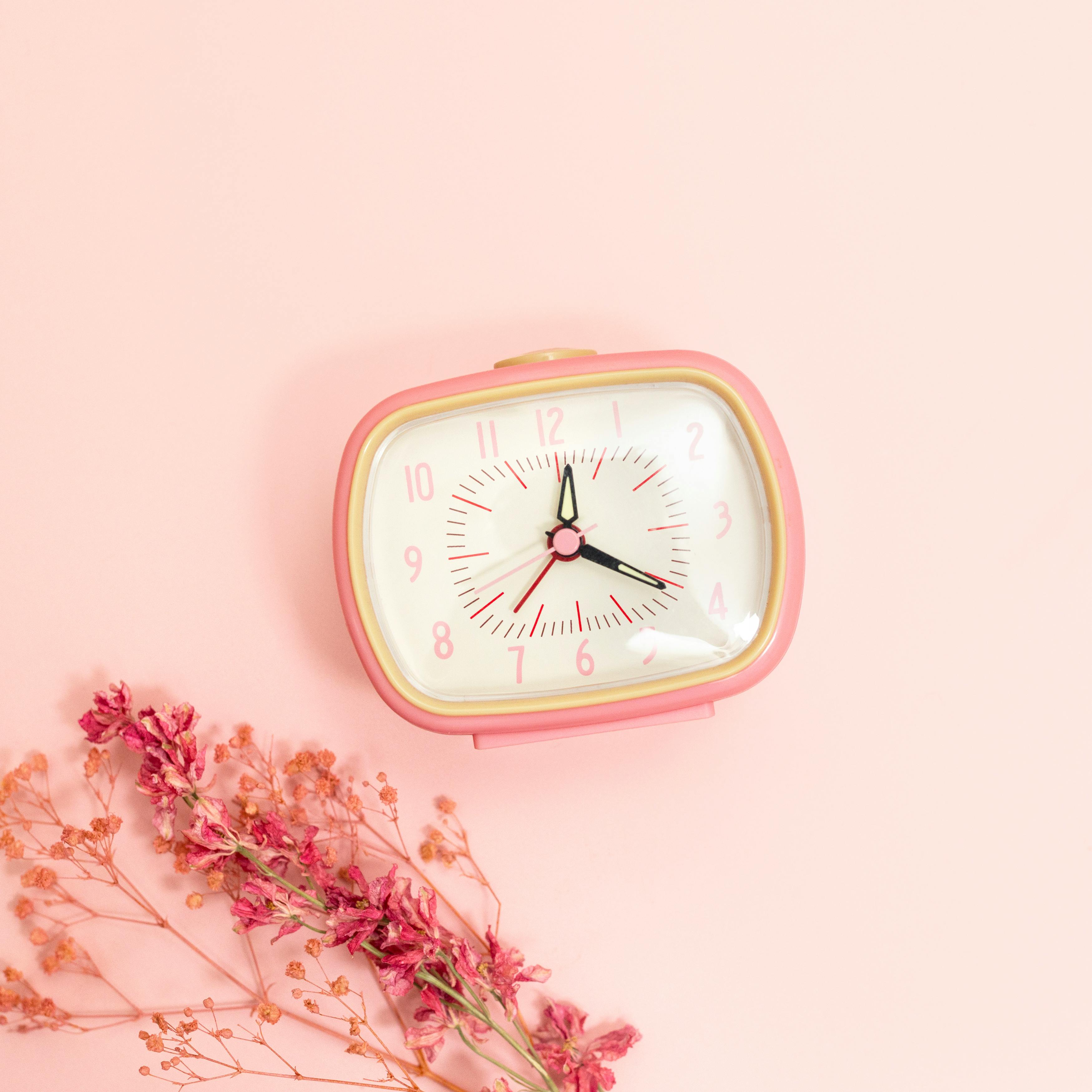 A charming vintage pink alarm clock displayed on a pastel pink surface with delicate dried flowers.