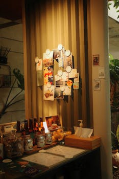 Warm ambiance of a coffee shop in Bandung, featuring a decorated bulletin board and counter.
