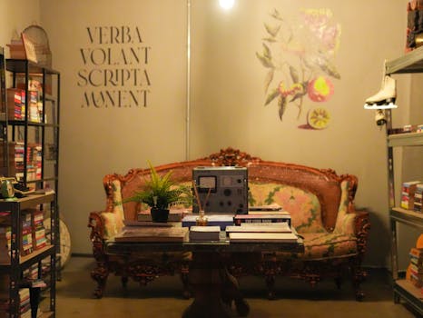 Cozy vintage room with ornate sofa, bookshelves, and decorative elements, creating a classic atmosphere.