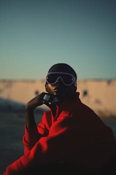 A person posing outdoors in a stylish red jacket and sleek sunglasses.