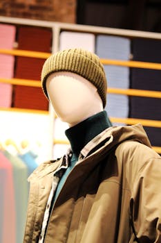 Mannequin dressed in winter fashion, showcasing a green beanie and brown jacket indoors.