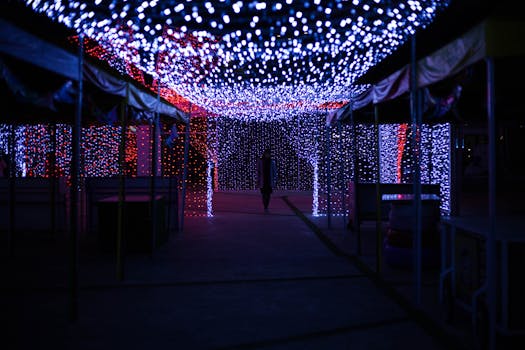 夜晚，人们在发光的灯串下行走，营造出一种神奇的氛围