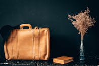 复古皮革手提箱与花瓶中的干花相配，背景是深色的书