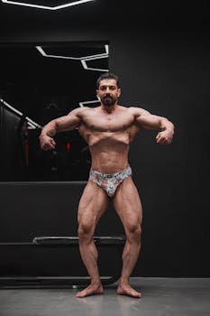 Portrait of a professional bodybuilder posing confidently inside a modern gym.