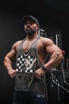 A confident bodybuilder in a gym, showcasing strength and fitness in a sport attire.