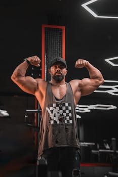 Muscular man flexing in a modern gym. Strong, athletic build, symbolizing fitness and strength.