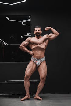 Muscular man flexing in a modern gym setting, showcasing bodybuilding physique.