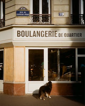 Traditional Parisian bakery with a dog outside on Rue du Château d'Eau, Paris.