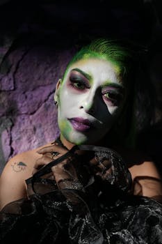 Close-up of a person with vibrant green and black makeup, creating a dramatic look.