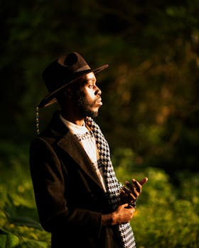A fashionable man in a hat and scarf stands in a lush outdoor setting, illuminated by warm light.