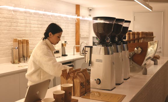 Barista prepares coffee in a stylish café with modern equipment and cozy ambiance.