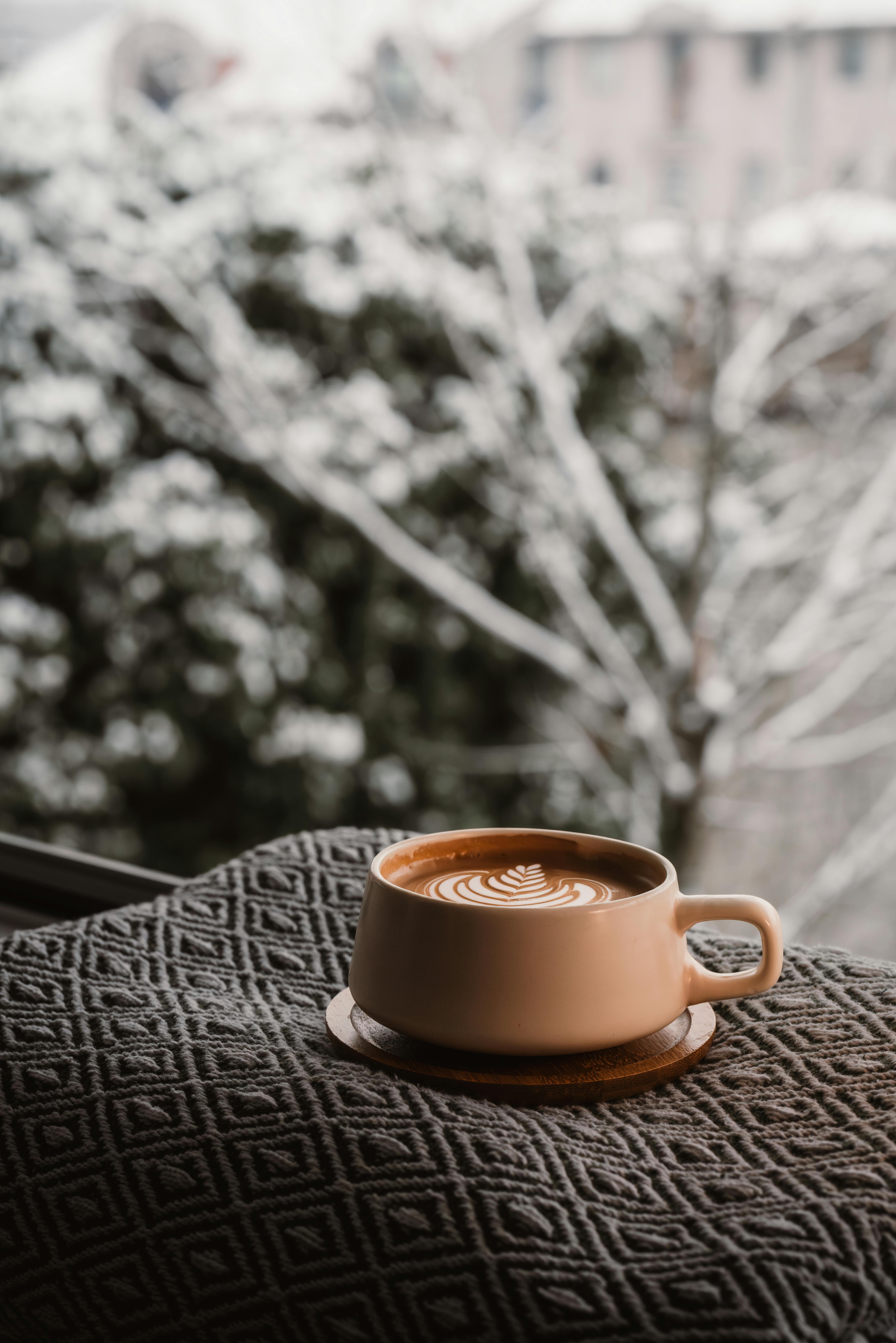 Warm latte art on a cozy blanket with snowy background in Graz, Austria.