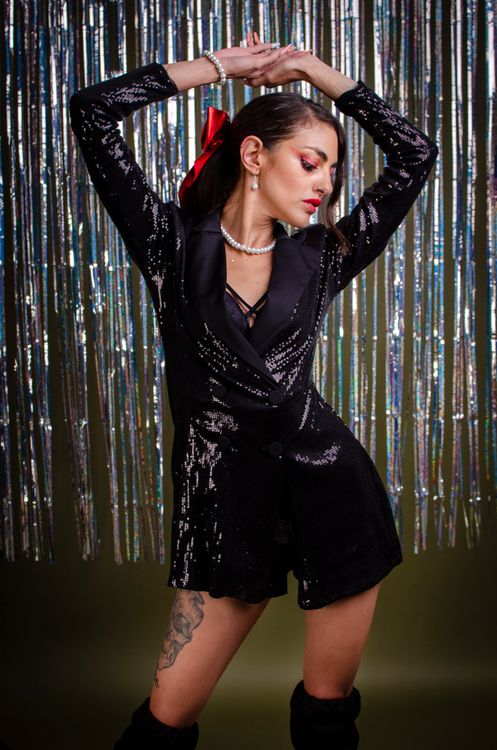 Black satin slip dress with sequin blazer