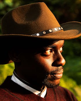 A man in a cowboy hat captured during golden hour in Uganda, showcasing vibrant cultural fashion.