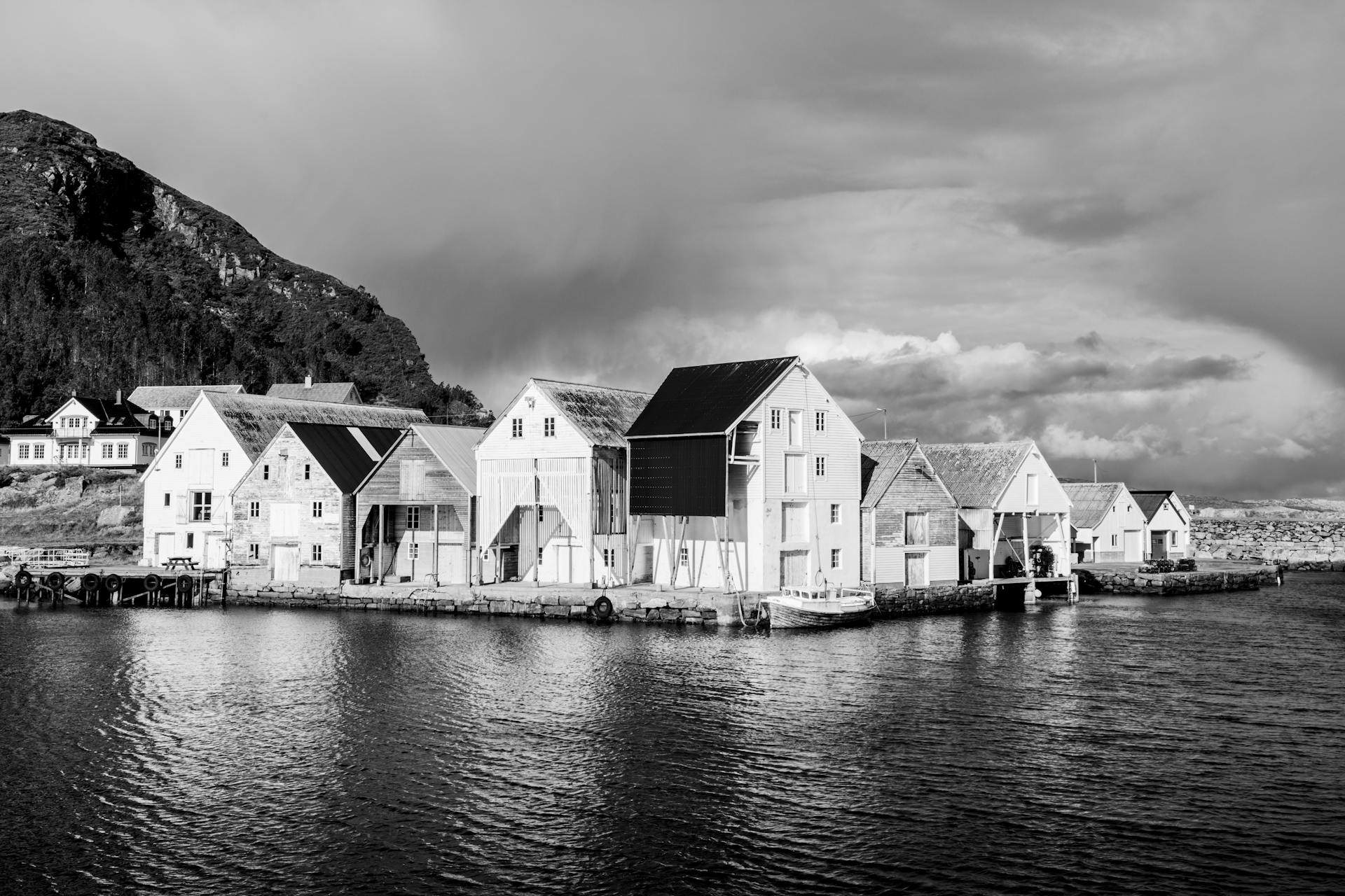 Black and white photo of a serene Scandinavian coastal village with traditional houses by the sea.