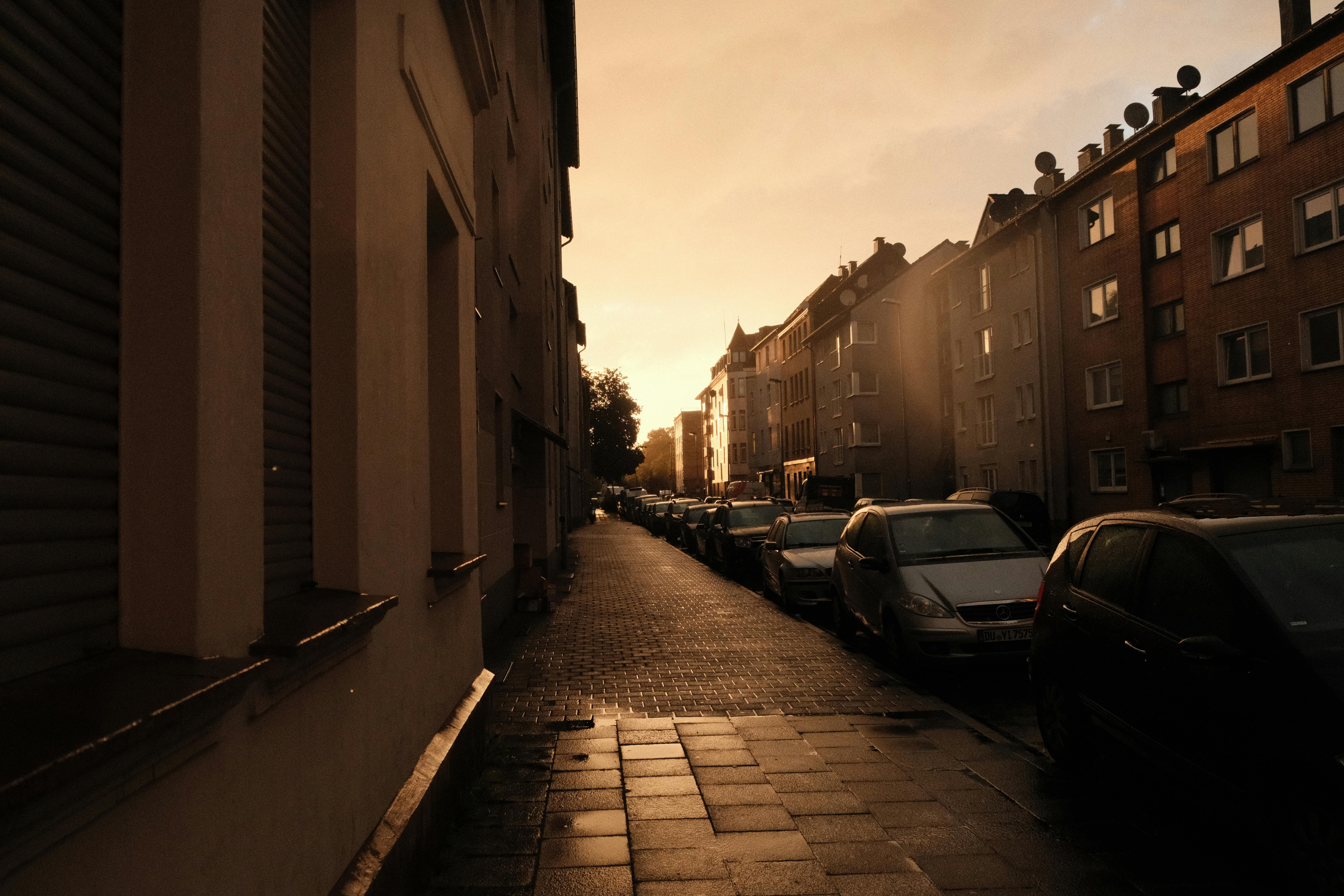 gorgeous autumn sunset in duisburg street scene