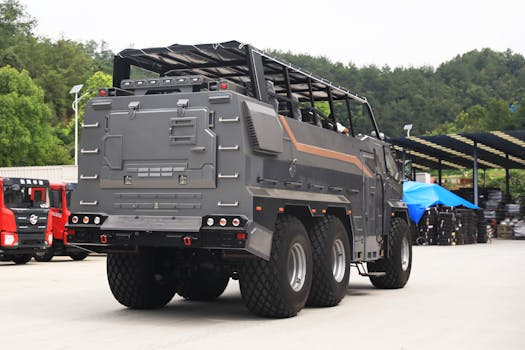 A heavy-duty armored vehicle parked outdoors with surrounding trucks and greenery in view.