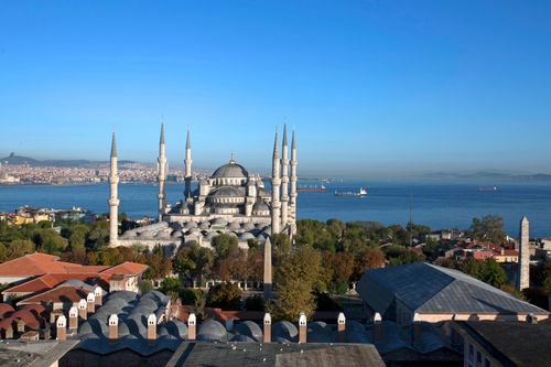 Free Aerial view of the iconic Blue Mosque in Istanbul with the Bosphorus in the background. Stock Photo