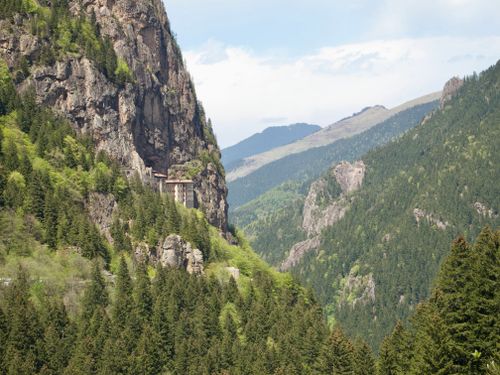 Free A breathtaking view of Sumela Monastery nestled in the lush mountains of Trabzon, Türkiye. Stock Photo