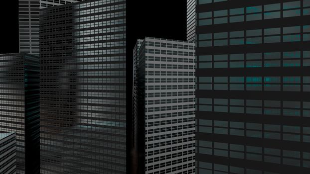 Futuristic 3D illustration of city skyscrapers with a dark, modern aesthetic.