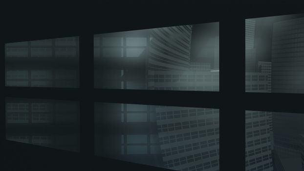 A digital render of a futuristic cityscape with abstract reflections through windows.