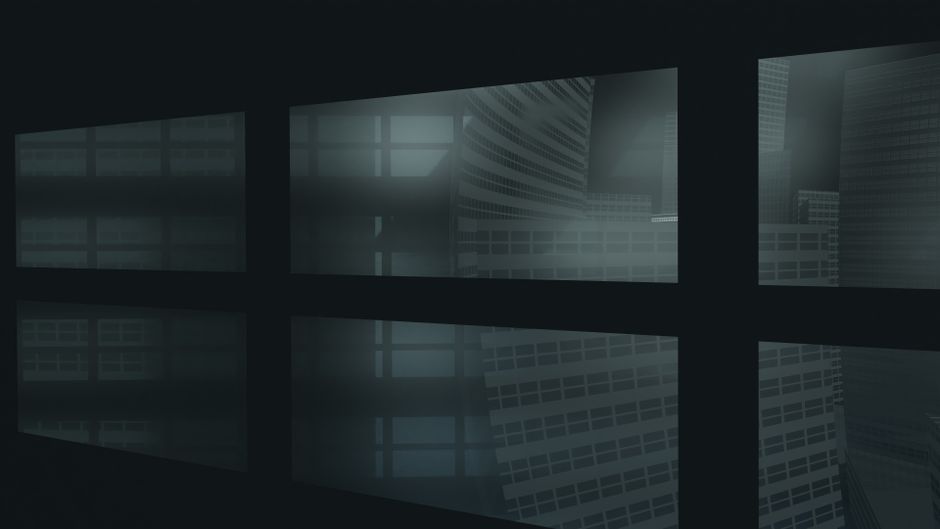 A digital render of a futuristic cityscape with abstract reflections through windows.