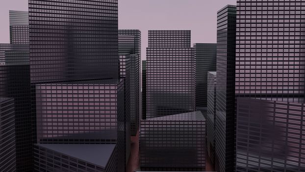A digital render of a futuristic cityscape featuring skyscrapers at dusk with muted tones.