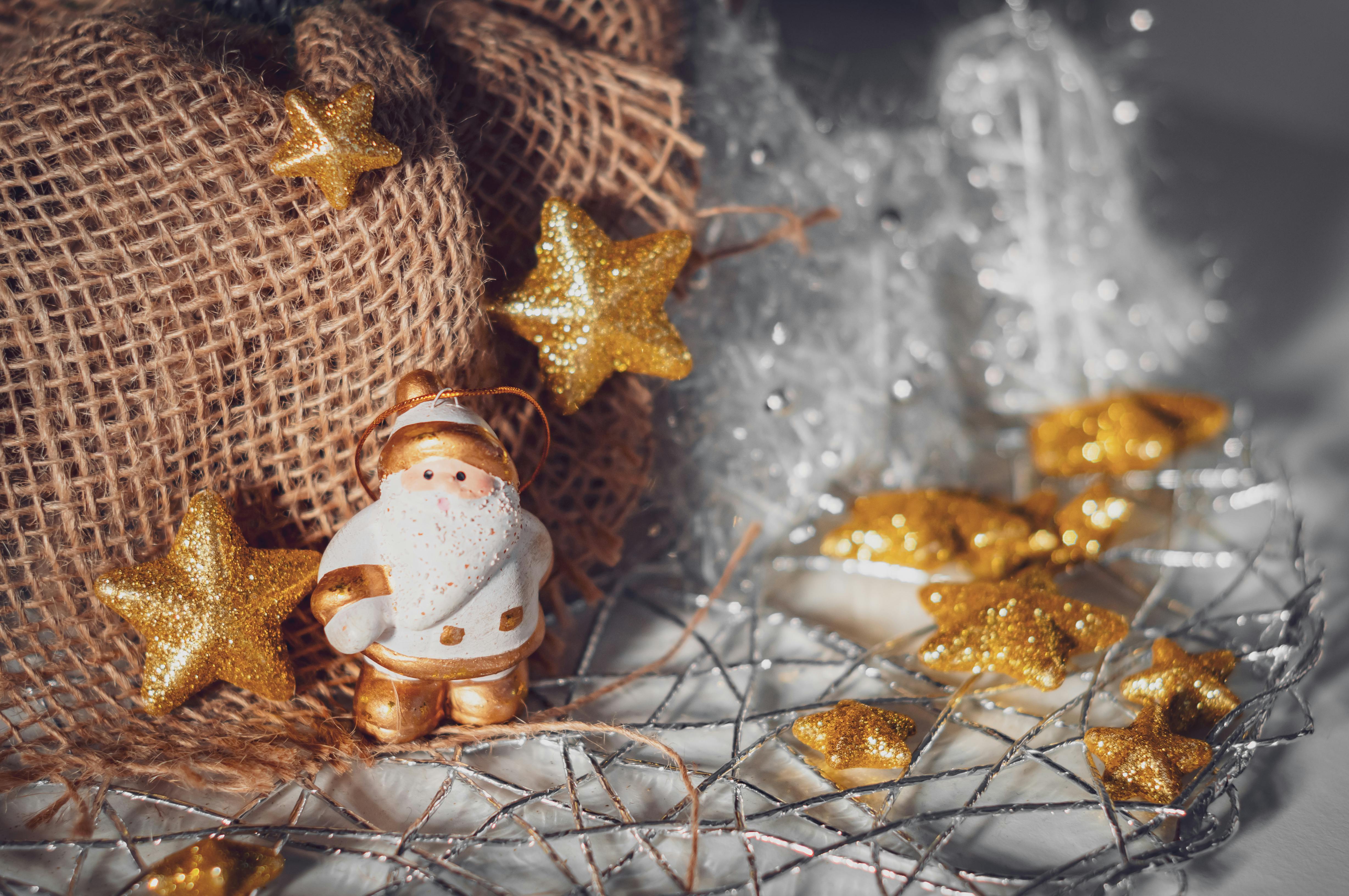 festive christmas decor with gold stars and santa