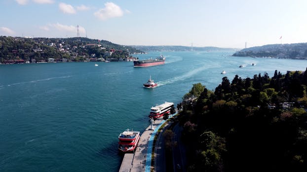 Aerial view of the Bosphorus Strait in Istanbul showing ships and ferries navigating the busy waterway.