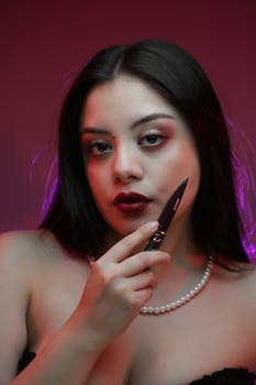 Dramatic portrait of a woman holding a knife in a dimly lit room, exuding mystery.