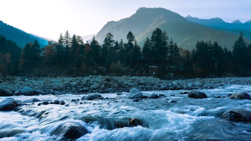 Free A serene mountain river flowing through a forested landscape under a clear morning sky. Stock Photo