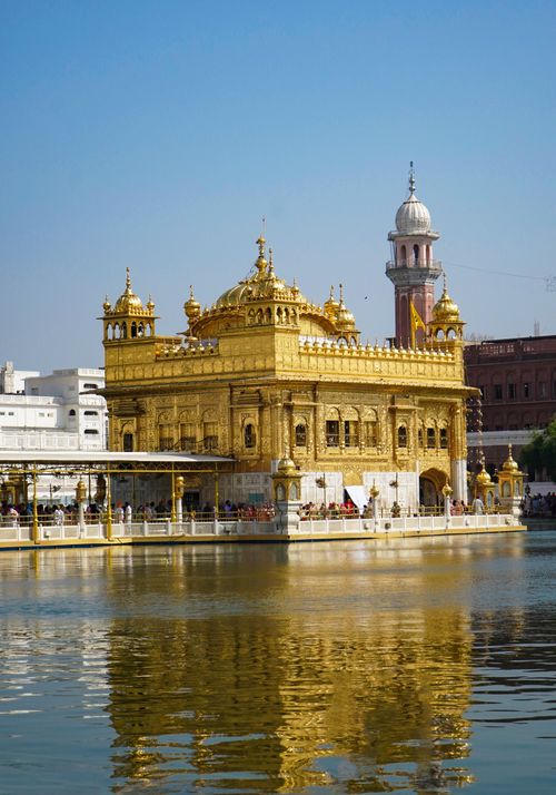 Free Majestic Golden Temple reflecting in a serene lake on a sunny day in Amritsar, India. Stock Photo