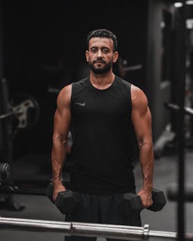 Focused adult male lifting dumbbells in a gym, showcasing strength and fitness.