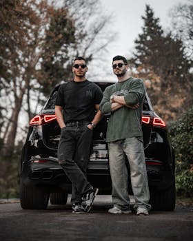 Two men wearing sunglasses stand confidently by a black car in an outdoor setting.